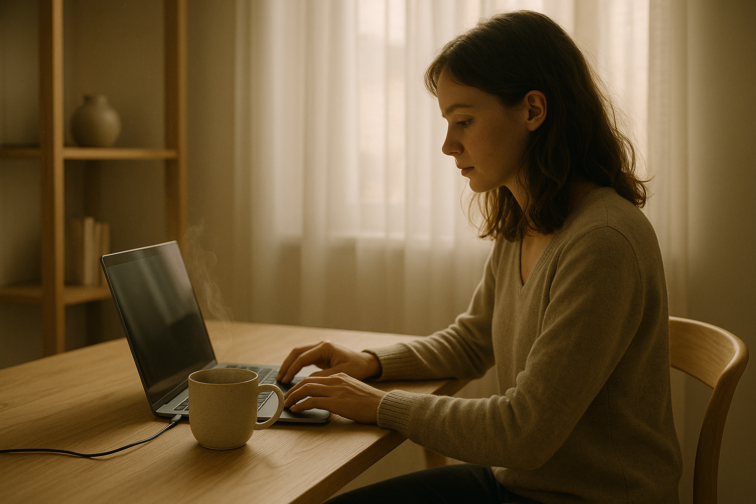 A imagem apresenta uma mulher sentada em uma mesa de madeira clara, digitando em um laptop. O ambiente é suave e acolhedor, com luz natural filtrando através de cortinas brancas. A paleta de cores é predominantemente neutra, com tons quentes de bege e marrom, criando uma atmosfera tranquila.